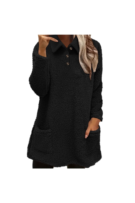 Womens Button up Fleece Tops Long Sleeve Fuzzy Lapel Collared Fashion Pullover Blouses with Pocket