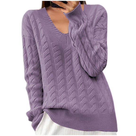 HAiming Womens Cable Knitted Sweaters Solid Color Long Sleeve V Neck Pullover Tops Fall Winter Casual Loose Blouses