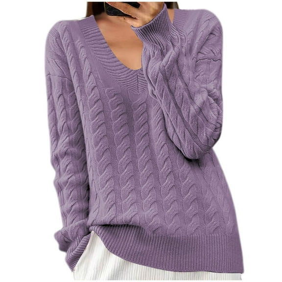 HAiming Womens Cable Knitted Sweaters Solid Color Long Sleeve V Neck Pullover Tops Fall Winter Casual Loose Blouses