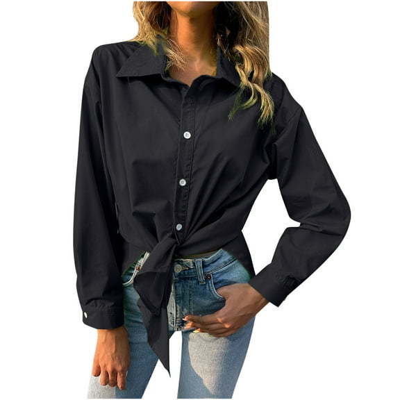 HAiming Womens Casual Lapel Long Sleeve Shirts Solid Color Button down Cardigan Tops Trendy Loose Side Spilt Blouses
