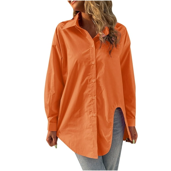 HAiming Womens Casual Lapel Long Sleeve Shirts Solid Color Button down Cardigan Tops Trendy Loose Side Spilt Blouses
