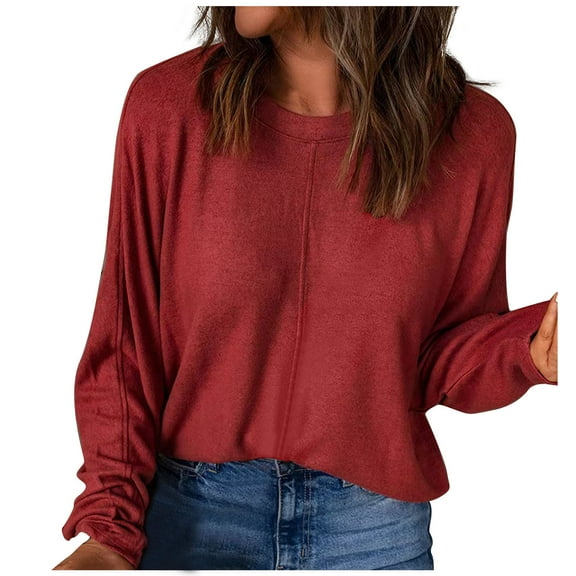 HAiming Womens Casual Long Sleeve Shirts Fall Winter Oversized Solid Color Round Neck Tops Going out Basic Blouse