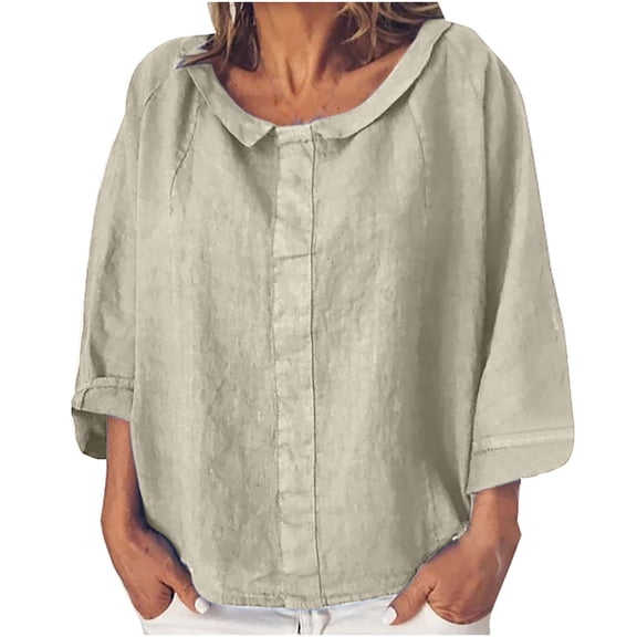HAiming Womens Casual Long Sleeve Tops Cotton Linen Crewneck T Shirts Trendy Loose Solid Color Dressy Tunic Blouse
