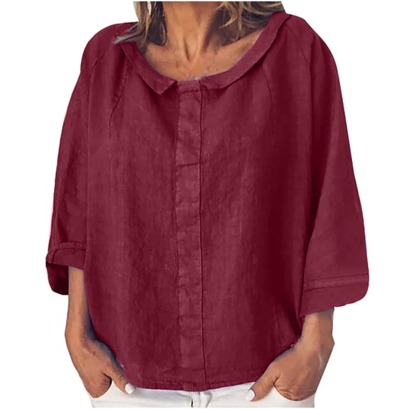 HAiming Womens Casual Long Sleeve Tops Cotton Linen Crewneck T Shirts Trendy Loose Solid Color Dressy Tunic Blouse