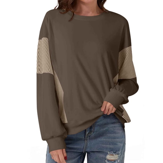 HAiming Womens Casual Oversized Sweatshirt Long Sleeve Crew Neck Color Block Pullover Tops Side Slit Trendy Clothes