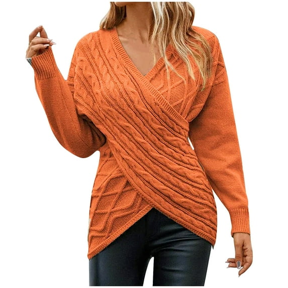 HAiming Womens Casual V Neck Long Sleeve Sweaters Winter Trendy Crossover Wrap Front Cable Knit Pullover Jumper Tops