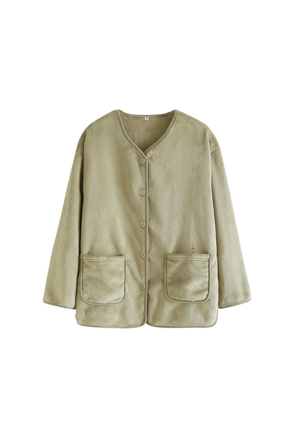 Womens Coat Winter Loose Long Sleeve Crew Neck Button down Soft Warm Fuzzy Fleece Jacket with Pockets