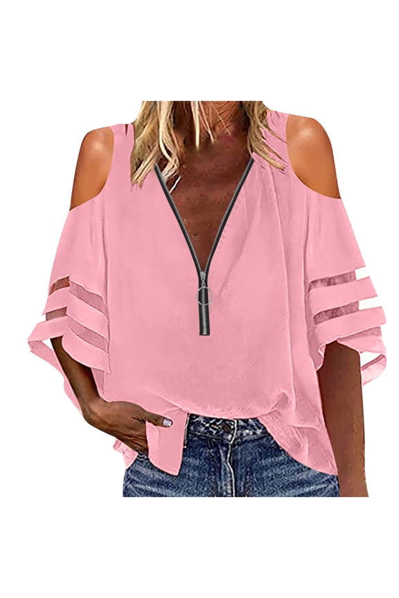 Womens Cold Shoulder V-Neck Shirts Trendy Half Zip Long Sleeve Tops Casual Solid Color Loose Blouses