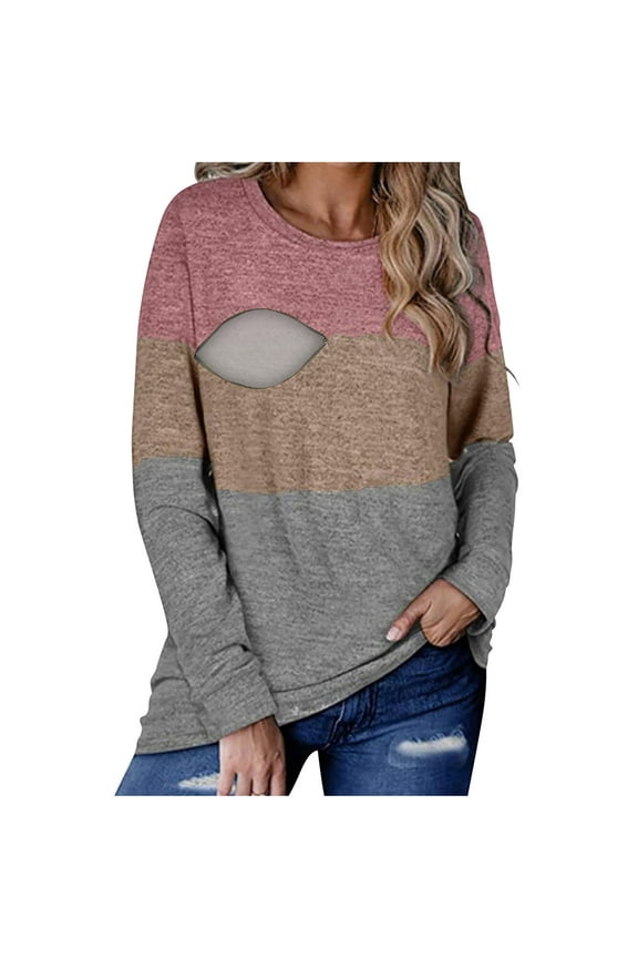 Womens Color Block Maternity Nursing Tops Zip Long Sleeve Round Neck Breastfeeding Side Split Casual Shirt
