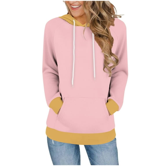 HAiming Womens Color Block Oversize Hooded Sweatshirt Casual Long Sleeve Drawstring Hoodies Fall Fashion Tops