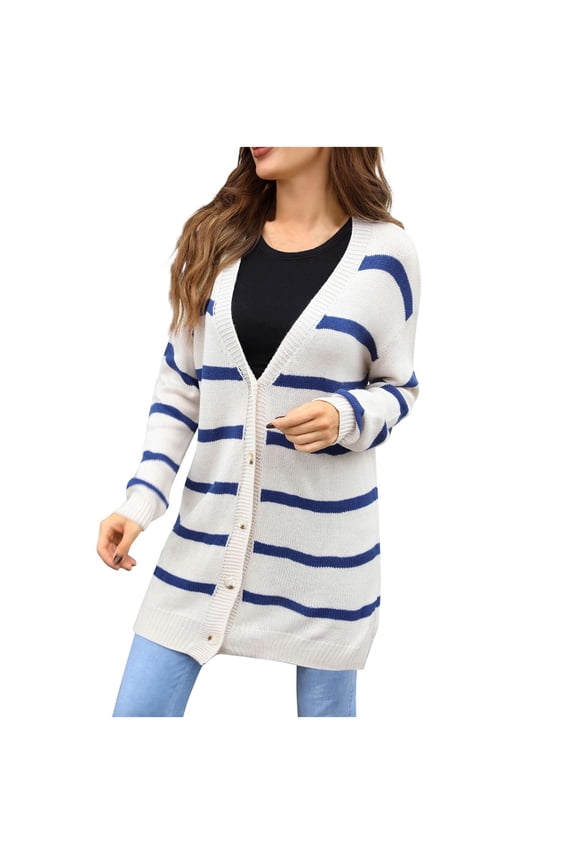 Womens Color Block Striped Cardigan Button down Open Front Sweaters Coat Casual Soft Knit Outwear