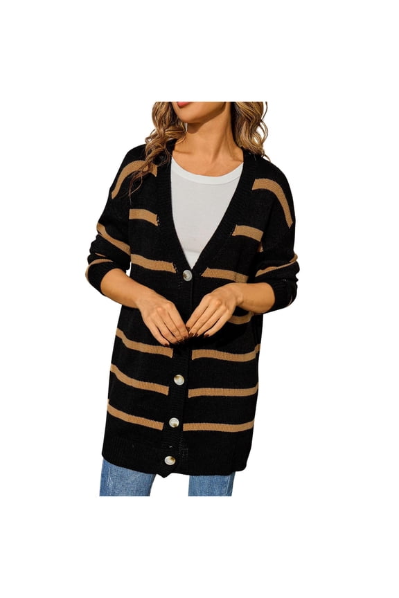 Womens Color Block Striped Cardigan Button down Open Front Sweaters Coat Casual Soft Knit Outwear