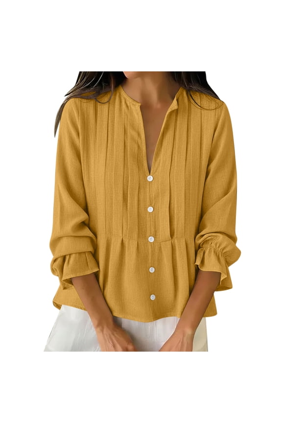 Womens Cotton Linen 3/4 Sleeve Ruffle Cuffs Shirts Button down V Neck Pleated Top Vacation Clothes