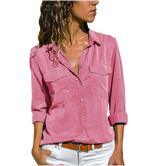 HAiming Womens Cotton Linen Button down Shirt Summer Casual Long Sleeve Solid Color Tops Plus Size Loose Work Blouse