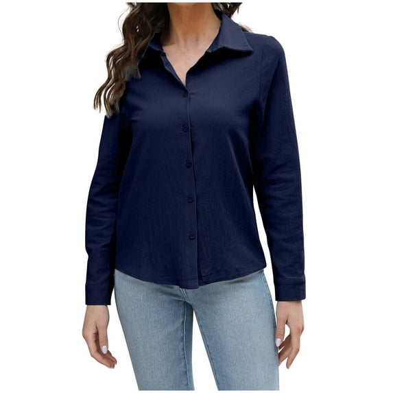 HAiming Womens Cotton Linen Button down Shirts Lapel Long Sleeve Solid Color Tops Casual Work Business Blouses