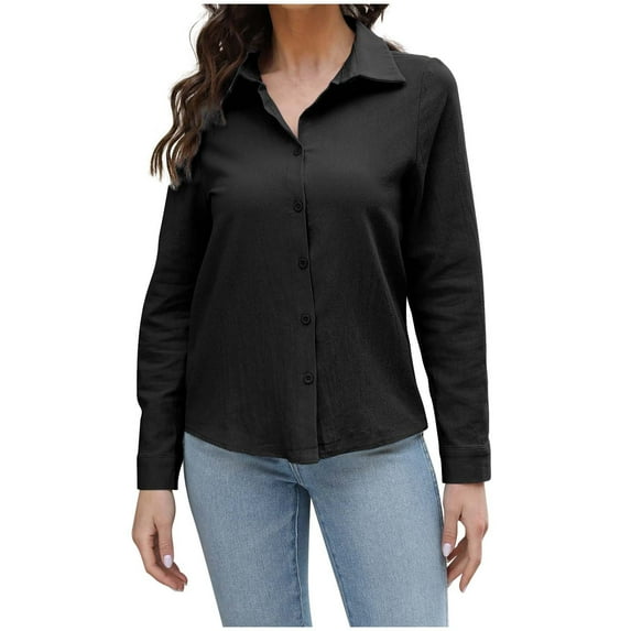 HAiming Womens Cotton Linen Button down Shirts Lapel Long Sleeve Solid Color Tops Casual Work Business Blouses