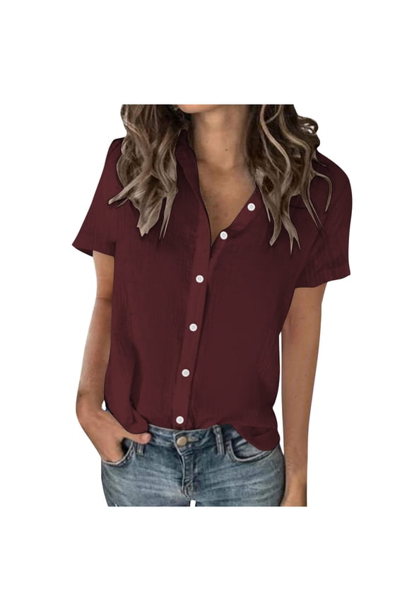 Womens Cotton Linen Shirts Short Sleeve V Neck Button down Blouses Solid Color Dressy Tops