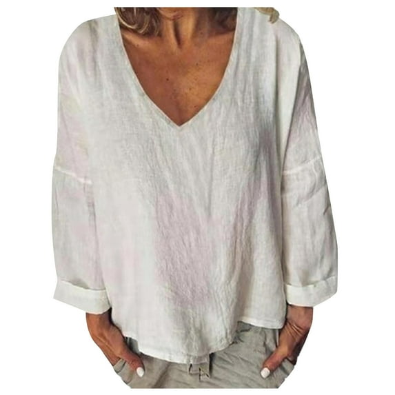 HAiming Womens Cotton Linen Summer Tops Solid Color V Neck Long Sleeve Tunic Shirts Plus Size Casual Loose Blouses