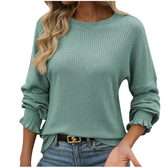 HAiming Womens Cotton Tops Casual Long Sleeve Round-Neck Pullover Solid Color Blouse Going out Clothing