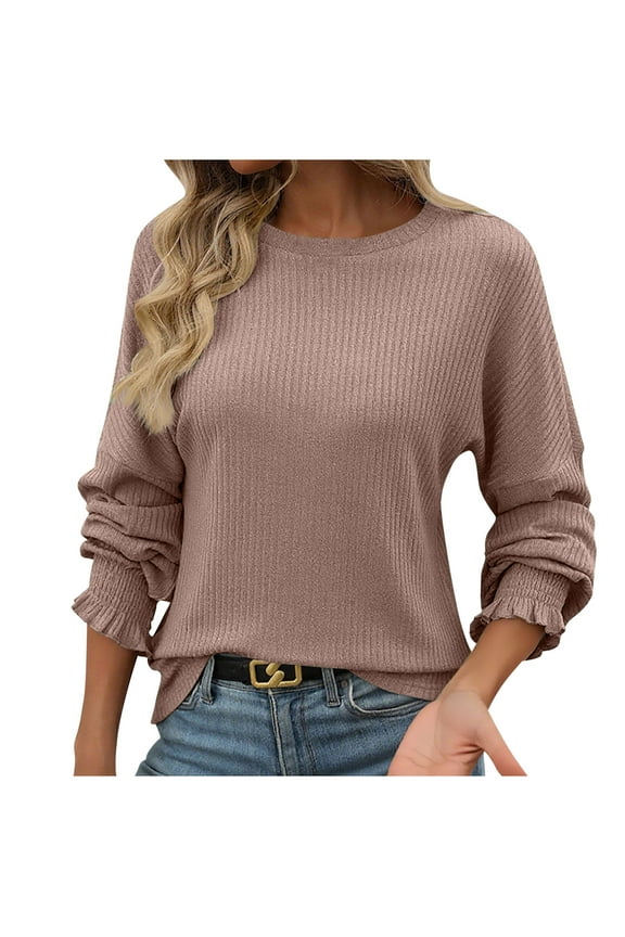 Womens Cotton Tops Casual Long Sleeve Round-Neck Pullover Solid Color Blouse Going out Clothing