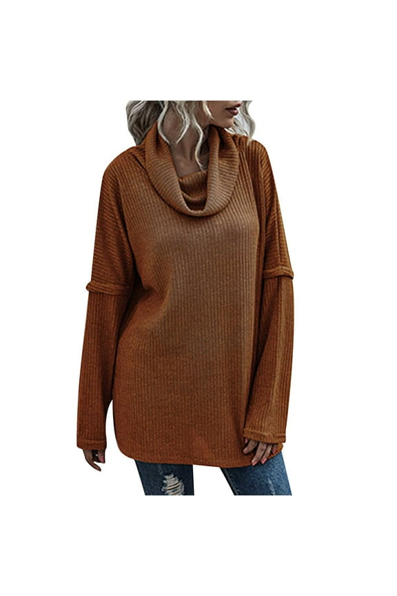 Womens Cowl Neck Pullover Sweaters Casual Oversized Long Sleeve Ribbed Knit Tops Fall Loose Soft Tunic Jumper