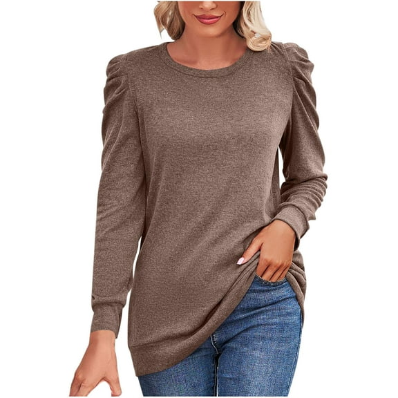 HAiming Womens Crewneck Pullover Shirts Loose Long Sleeve Pleated Tops 2025 Casual Soft Lightweight Basic Blouses