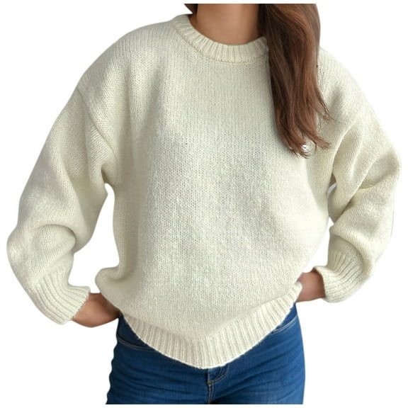 HAiming Womens Sweater Solid Color Round Neck Knit Long Sleeve Loose Thickened Warm Lounge Trendy Pullover Tops