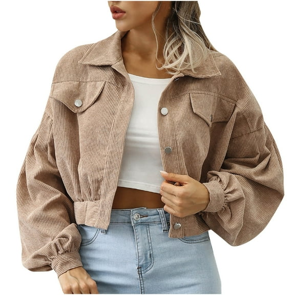 HAiming Womens Cropped Corduroy Jackets Lapel Long Sleeve Button down Shirts Coat Trendy Loose Casual Outwear Pockets