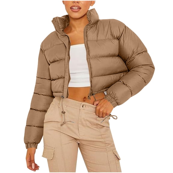 HAiming Womens Cropped Padded Jacket Full Zip Long Sleeve Stans Neck Winter Warm Outerwear Coat with Pockets
