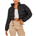 thumbnail image 1 of HAiming Womens Cropped Padded Jacket Full Zip Long Sleeve Stans Neck Winter Warm Outerwear Coat with Pockets, 1 of 5