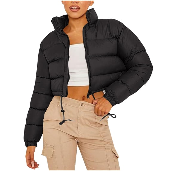 HAiming Womens Cropped Padded Jacket Full Zip Long Sleeve Stans Neck Winter Warm Outerwear Coat with Pockets