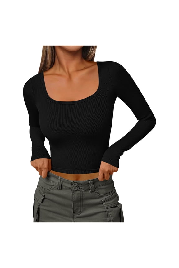 Womens Cropped Shirt Slim Long Sleeve Ribbed Solid Color Tops Going out Basic Tee Trendy Clothes Black
