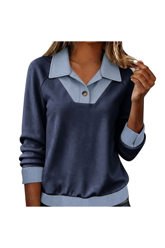 Womens Denim Patchwork Long Sleeve Tops Casual Lapel Color Block Button Blouse Trendy Clothes