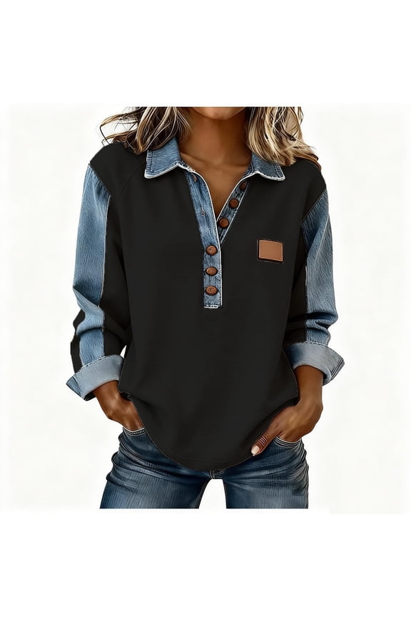 Womens Denim Patchwork Long Sleeve Tops Casual Lapel Color Block Button Blouse Trendy Clothes