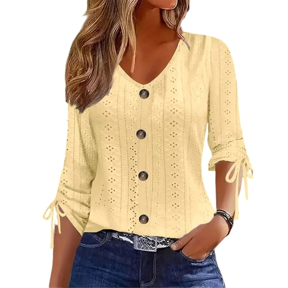 HAiming Womens Eyelet Tops 3/4 Length Sleeve Button Bow V Neck Casual Trendy Shirts Vacation Outdoors Blouses
