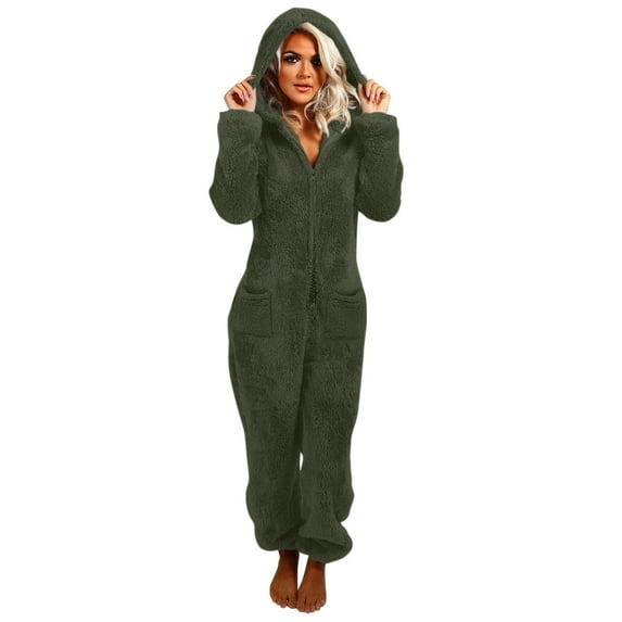 HAiming Womens Fleece Hoodie Onesie Pajamas Jumpsuit Long Sleeve Zipper Fuzzy Romper Loungewear Sleepwear with Pocket