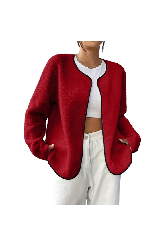 Womens Fleece Jacket Long Sleeve Crew Neck Casual Solid Color Soft Warm Outwear Cardigan Coats