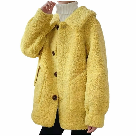 HAiming Womens Fleece Long Jacket Button down Sherpa Doll Collar Fuzzy Solid Color Soft Winter Warm Outerwear Coat