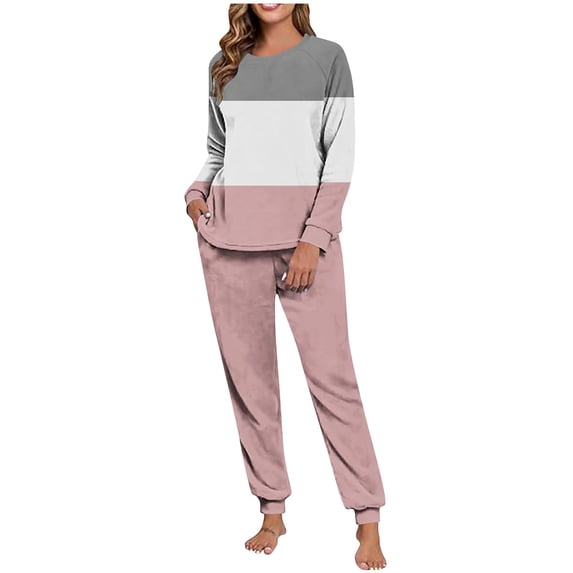 HAiming Womens Fleece Pajama Set Soft Comfy Color Block Casual Long Sleeve Jogger Pants Pjs Loungewear