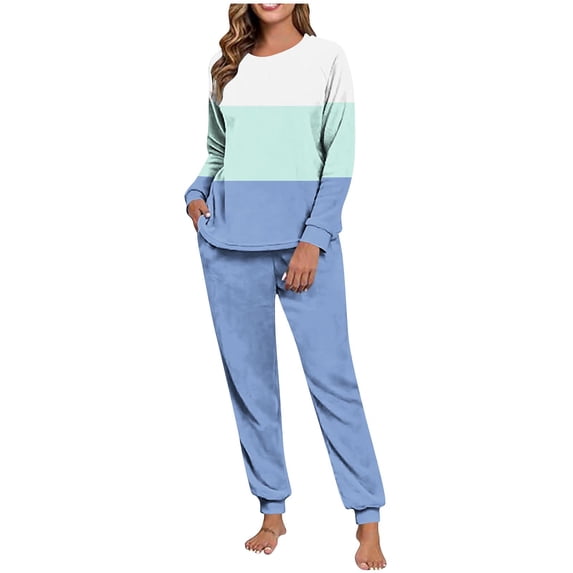 HAiming Womens Fleece Pajama Set Soft Comfy Color Block Casual Long Sleeve Jogger Pants Pjs Loungewear