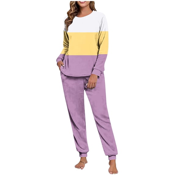 HAiming Womens Fleece Pajama Set Soft Comfy Color Block Casual Long Sleeve Jogger Pants Pjs Loungewear