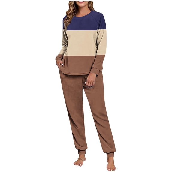 HAiming Womens Fleece Pajama Set Soft Comfy Color Block Casual Long Sleeve Jogger Pants Pjs Loungewear