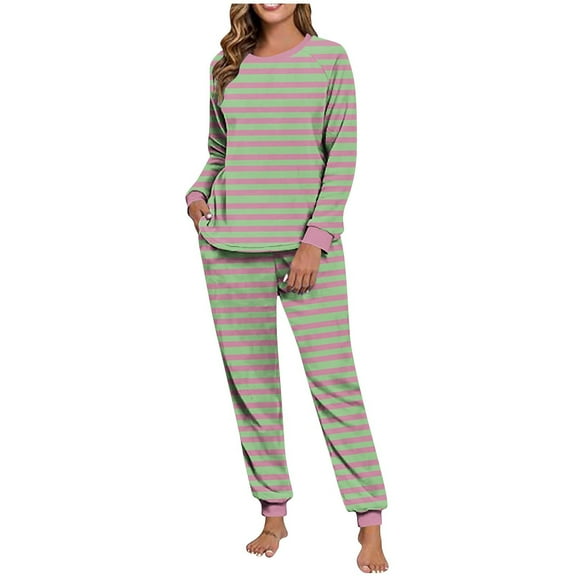 HAiming Womens Fleece Pajama Set Striped Casual Long Sleeve Jogger Pants Pjs Comfortable Sleepwear
