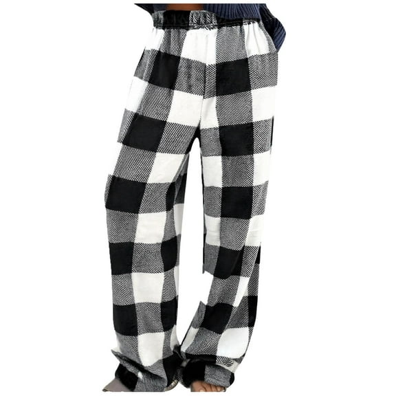 HAiming Womens Fleece Plaid Wide Leg Pants Plus Size Casual Winter Warm Soft Comfy Elastic Waist Loungewear