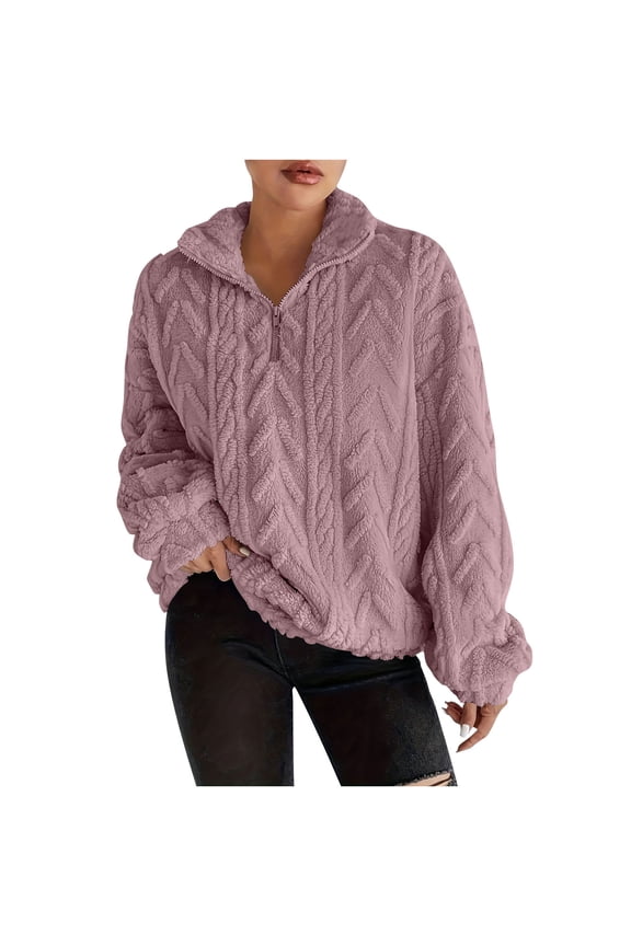 Womens Fleece Tops 1/4 Zip Fuzzy Casual Long Sleeve Stand Neck Pullover Solid Color Clothes