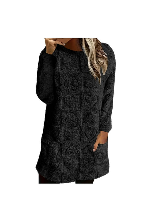 Womens Fleece Tops Long Sleeve Crewneck Fuzzy Fashion Pullover Warm Blouses with Pocket