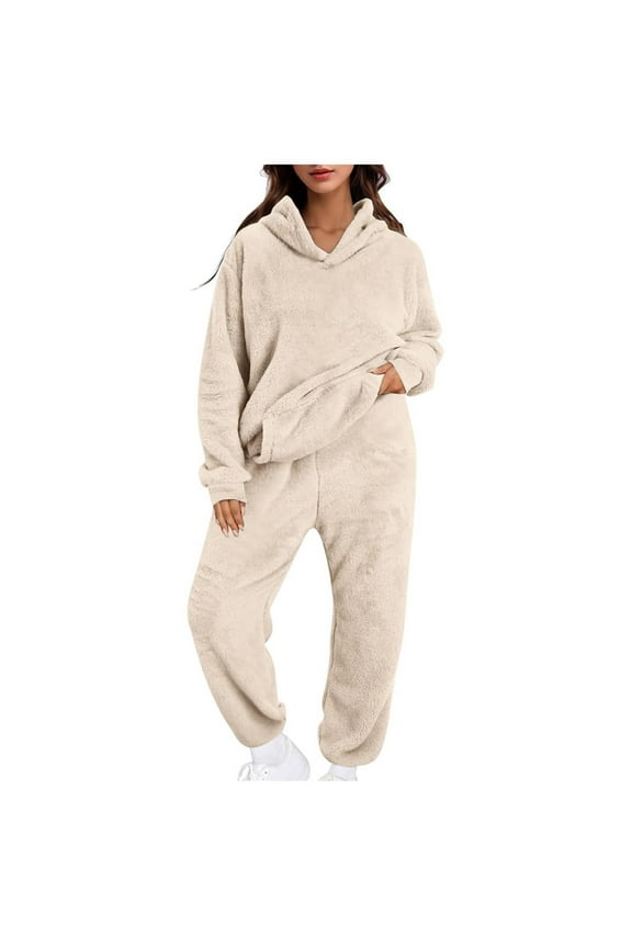 Womens Fuzzy Fleece 2 Piece Sets Outfits Warm Pullover Hoodie and Sweatpant Winter Lounge Sweatsuits