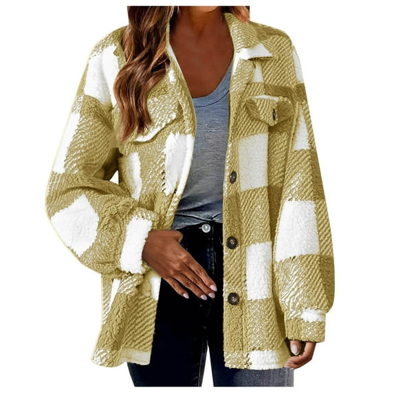 HAiming Womens Fuzzy Fleece Lined Jackets Long Sleeve Lapel Button down Plaid Cardigan Coat Winter Comfy Soft Outwear