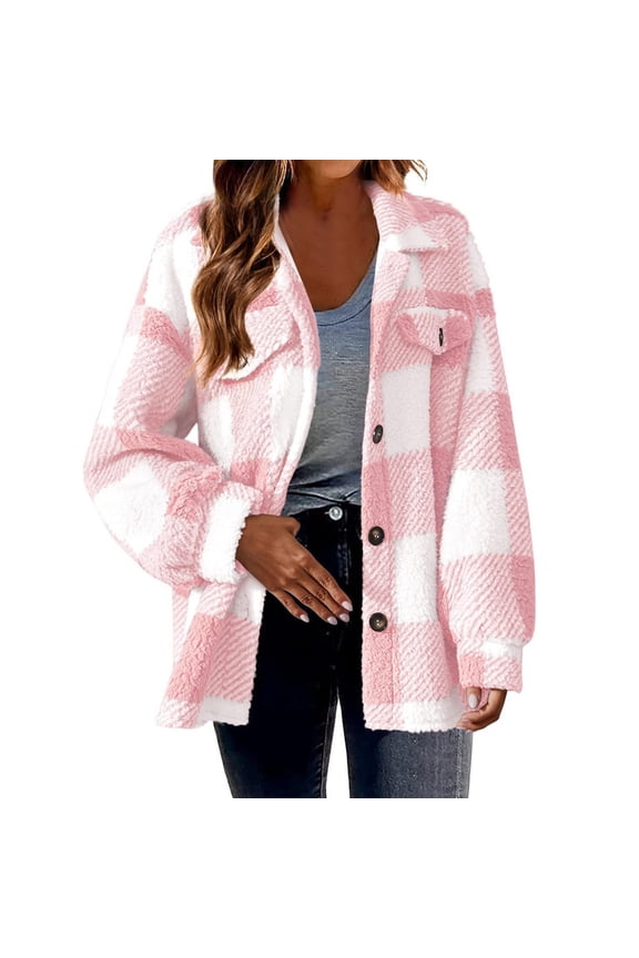 Womens Fuzzy Fleece Lined Jackets Long Sleeve Lapel Button down Plaid Cardigan Coat Winter Comfy Soft Outwear