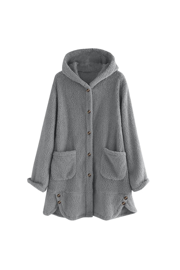 Womens Fuzzy Hooded Jacket Coat Button down Lapel Collar Oversize Tops Fall Winter Soft Warm Clothes
